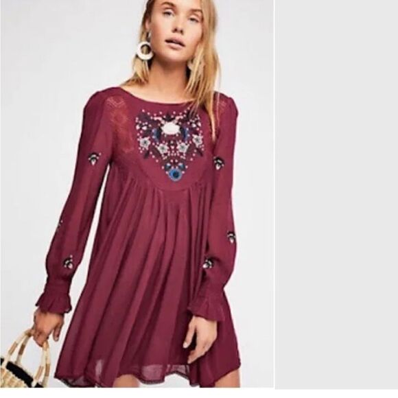 Free People Mohave A Line Swing Mini Dress XS Plum Oversized Deep V Back - Picture 3 of 16